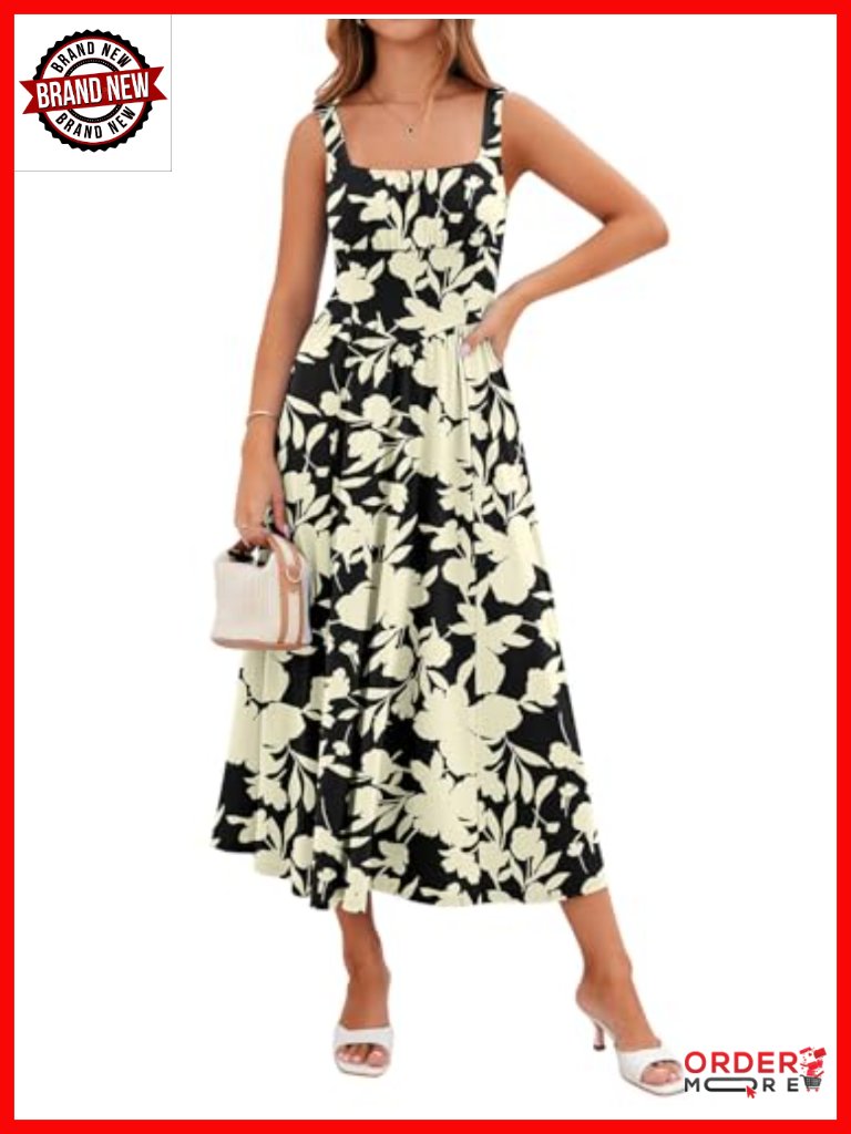 Womens Casual Summer Dress With Pockets Sleeveless Square Neck Flowy A-Line